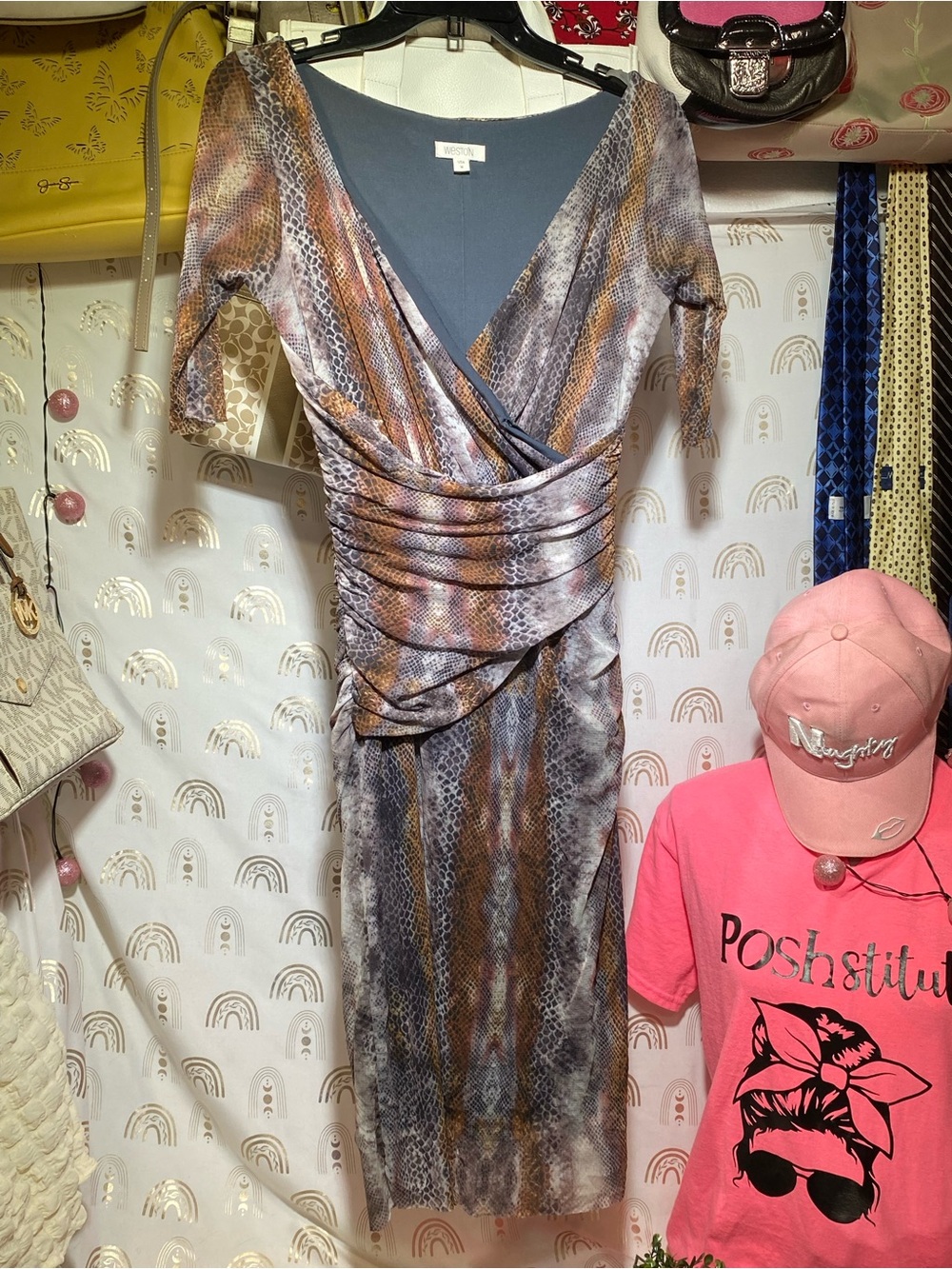 Weston Wear Faux-Snake Print Wrap Midi Dress in Gray and Brown